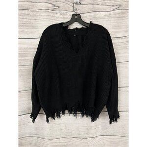 Distressed Black V-Neck Knit Sweater With Frayed Hem Size L